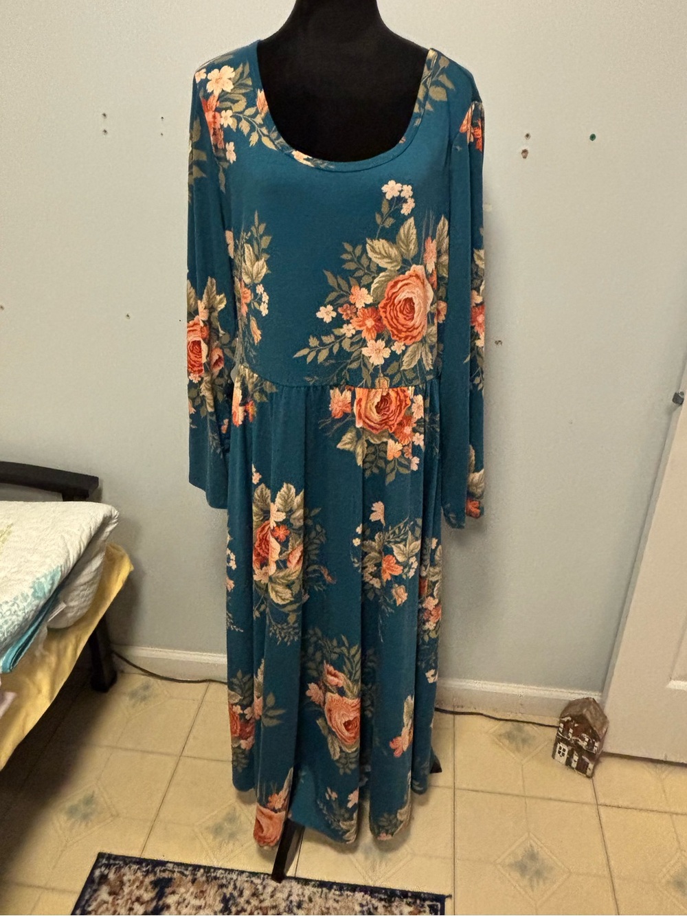 LuLaRoe Teal Maxi Dress with Coral and Cream Floral Print